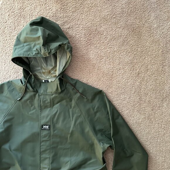 Helly Hansen Jacket Mens Medium Snap Button Close Rain Waterproof Green Hood - Picture 6 of 12